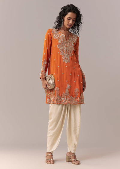 Orange Embellished Dhoti Suit Set
