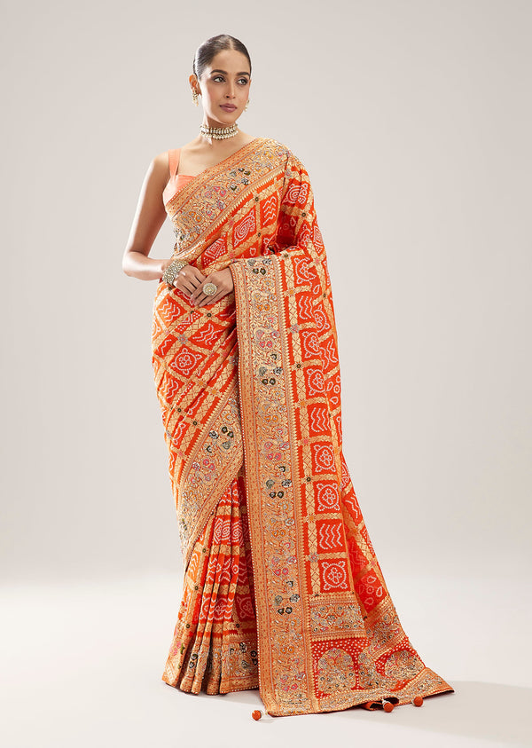 Orange Khaddi Georgette Bandhani Saree With Heavy Zardosi Border