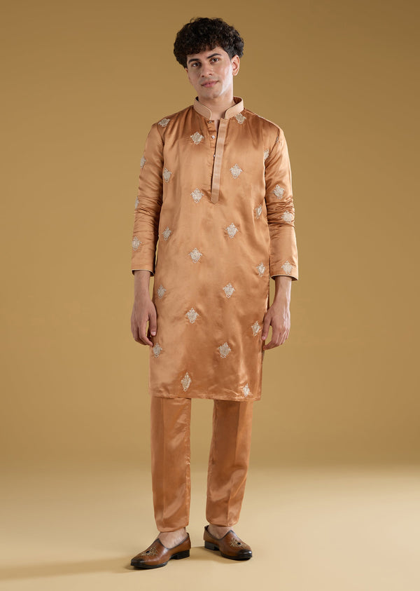 Orange Mens Kurta Set With Thread Motif Detail