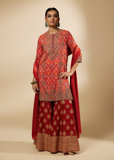 Orange Patola Print Kurti Set With Zardosi And Sequin Work