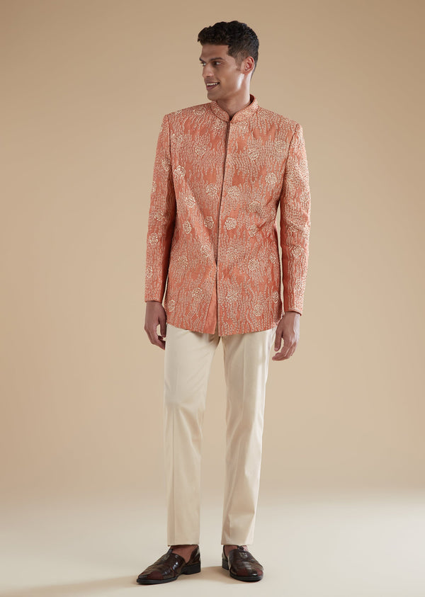 Orange Rust Raw Silk Mens Jodhpuris with Thread Resham Detail Work
