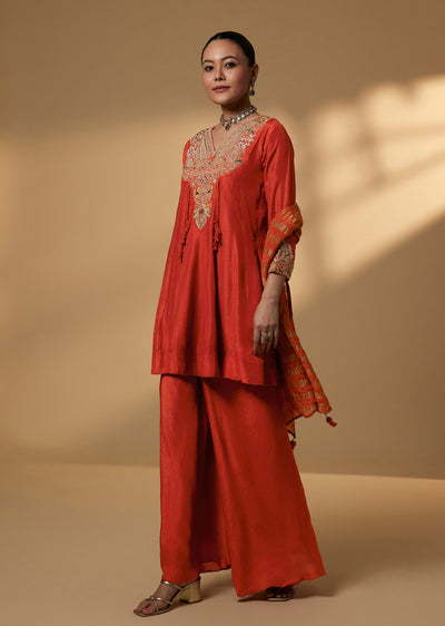 Orange Silk Palazzo Set With Zardosi Embroidered Yoke