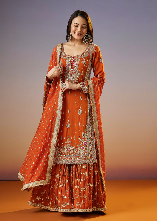 Orange Zardosi Sharara Suit With Organza Dupatta