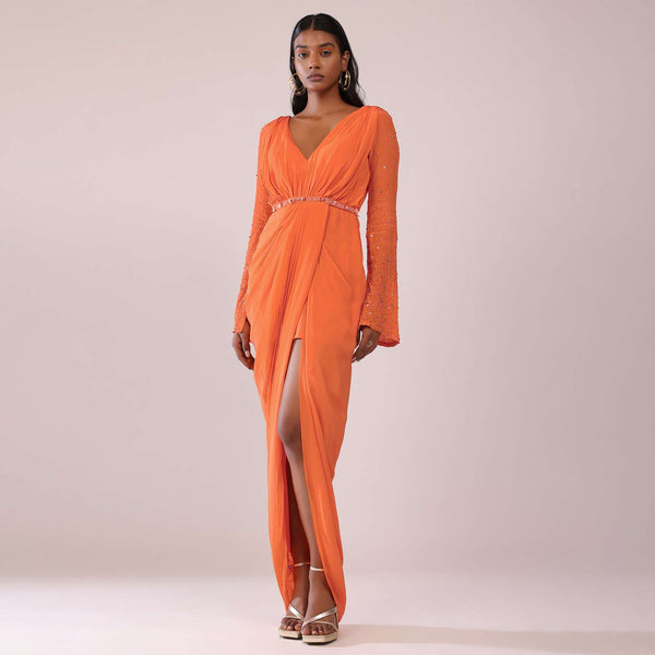 Orange Crepe Gown With Bell Sleeves And Hand Embroidered Belt