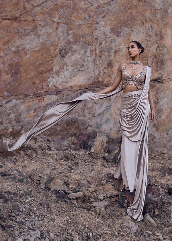 Oyster Beige Pre-Stitched Saree With Stylized Blouse