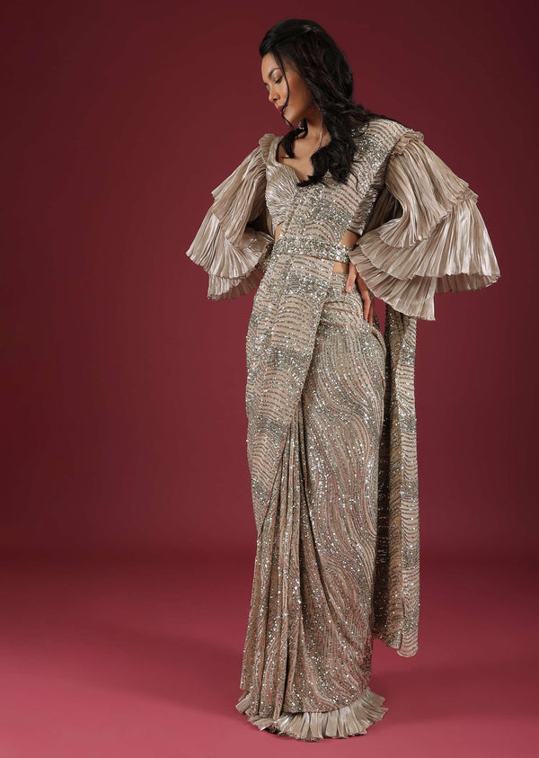 Oyster Ready Pleated Saree In Sequins Embroidery Crafted In Net With A Side Zip Closure