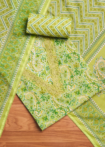 Parrot Green Cotton Floral Printed Unstitched Suit Set