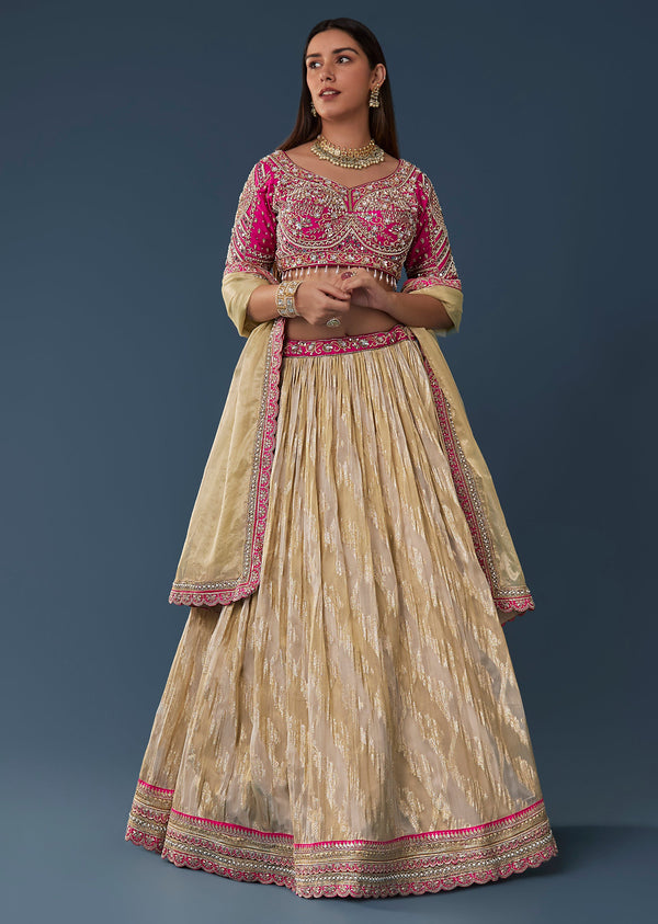 Pastel Beige Pink Mirror Work Lehenga Set With V Neck Half Sleeve And Choli