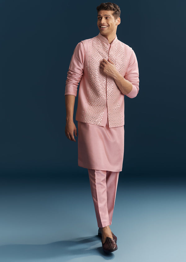 Pastel Pink Silk Kurta Jacket Set With Thread And Mirror Work