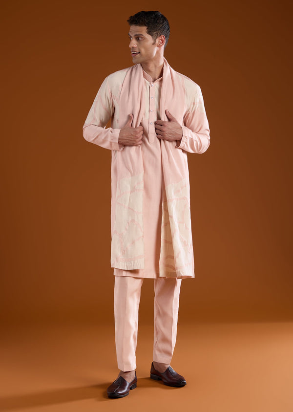 Peach Appliue Embroidered Mens Kurta Pant Set
