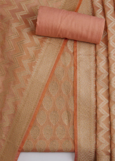Peach Banarasi Brocade Silk Unstitched Suit Set With Dupatta