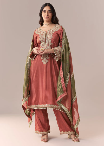 Peach Beaded Tissue Anarkali Suit Set With Pant And Dupatta