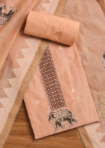 Peach Chanderi Unstitched Suit Set with Dupatta
