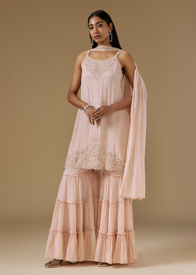 Peach Chinon Sharara Suit With Choker Dupatta And Moti Embroidery