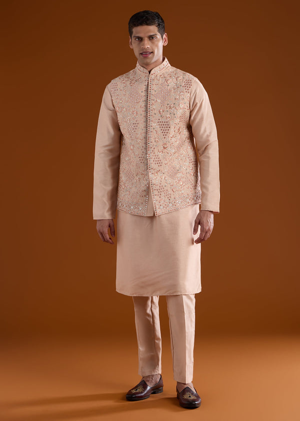 Peach Embellished Silk Kurta Jacket Set