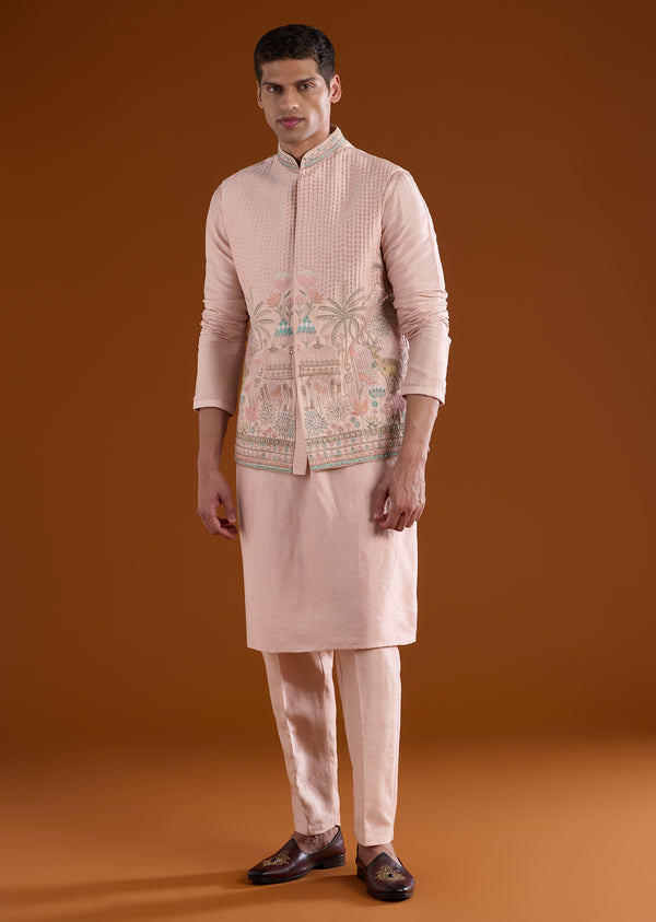 Peach Embroidered Silk Kurta Jacket Set