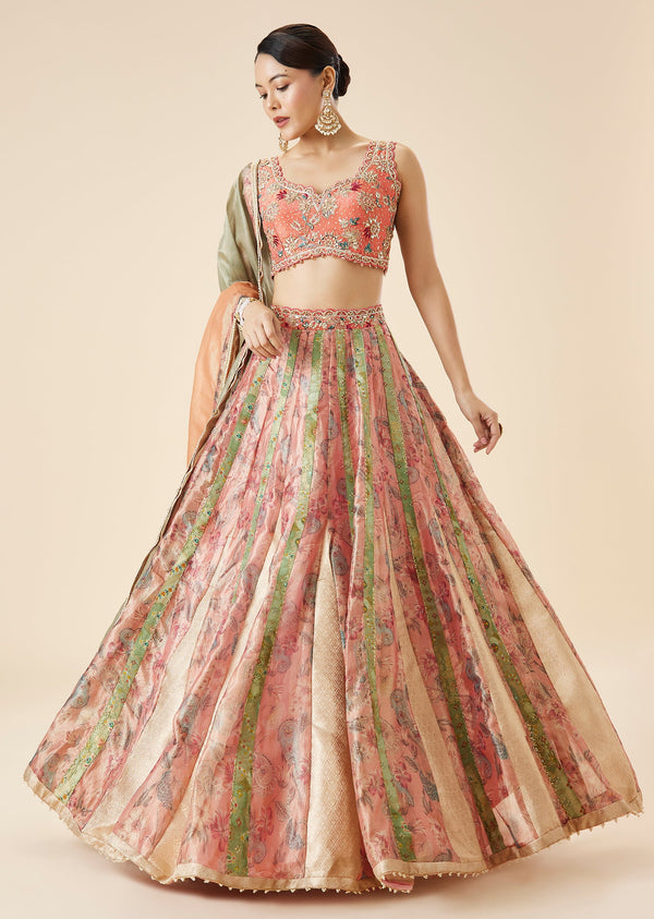 Peach Floral Embroidered Bridal Lehenga Set