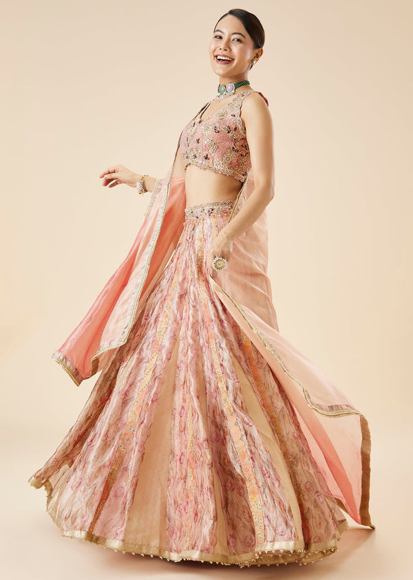 Peach Floral Printed And Embroidered Lehenga Set