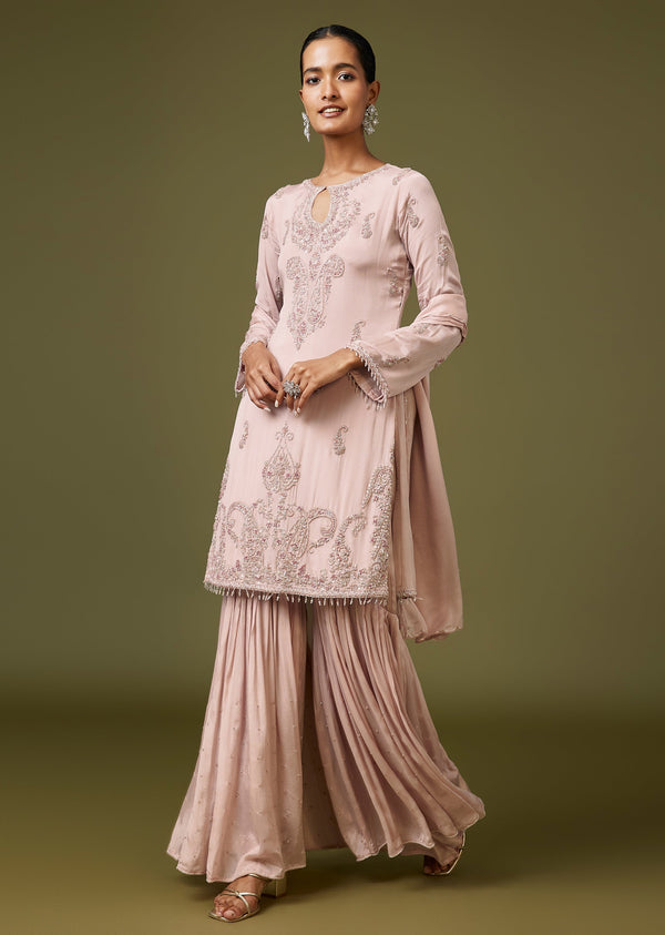 Peach French Knot Embroidered Sharara Set For Festive Wear