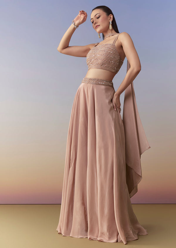 Peach Indo Fusion Crop Top Palazzo and Dupatta Set