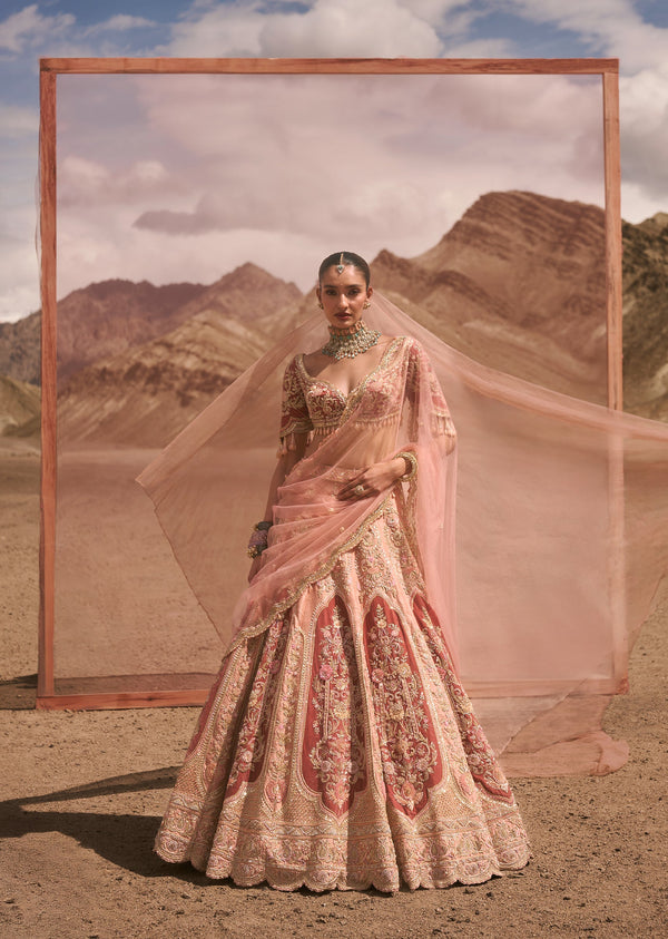 Peach Raw Silk Bridal Lehenga With Zardosi And Crystal Embroidery
