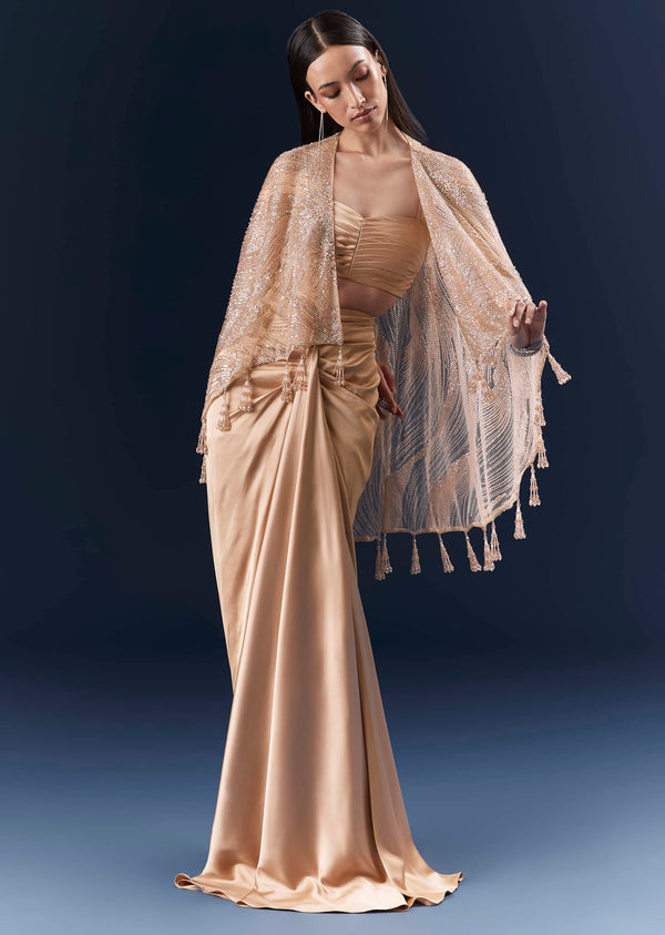 Peach Satin Crop Top And Skirt Set With Cutdana And Beads Embellishments