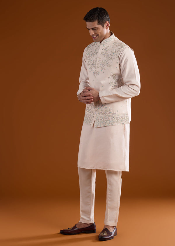 Peach Silk Mens Kurta Jacket Set With Thread Mirror And Motif Work