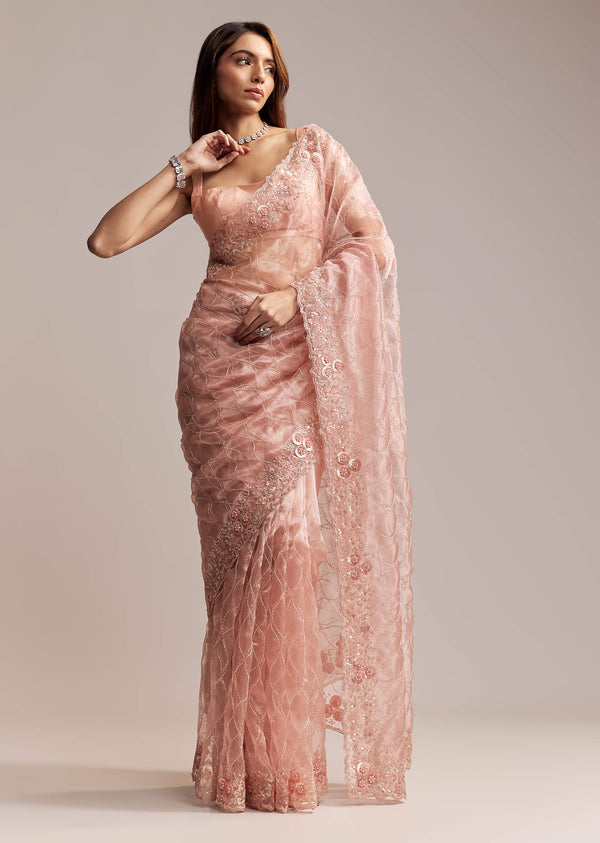 Peach Tissue Saree With Geometric Embroidery
