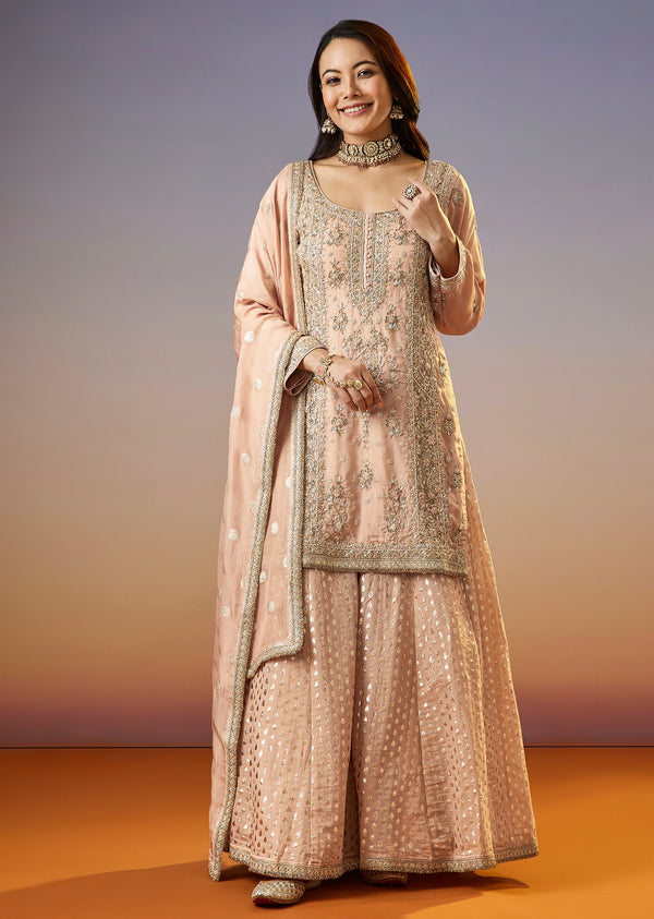 Peach Zardosi Organza Palazzo Suit With Dupatta