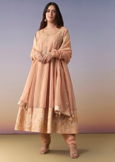 Peach Zardosi Tissue Anarkali Suit Set With Pant And Dupatta