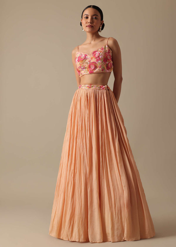 Peach Embellished Jacket And Lehenga Set In Chiffon