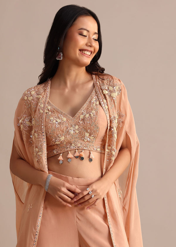 Peach Organza Crop Top Suit With Embroidered Jacket