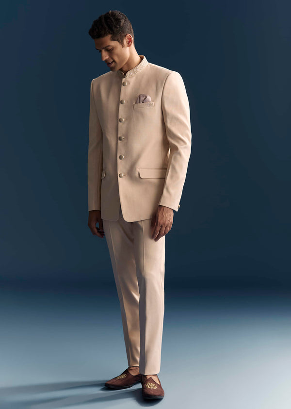 Peach Viscose Jodhpuri Suit For Men With Hand Embroidery