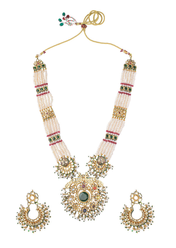 Pearl Layered Necklace Set With Gold Detailing And Matching Earrings