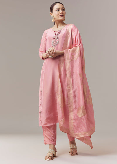 Pink Anarkali Suit With Zardosi Work And Dupatta