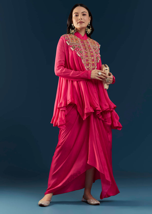 Pink Asymmetric Cape Top and Skirt Set