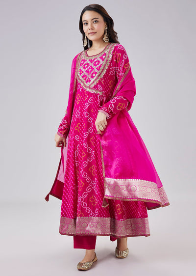 Pink Bandhani And Leheriya Georgette Angrakha Anarkali Set