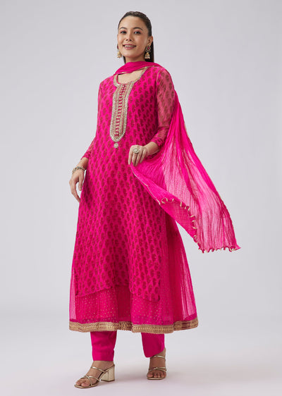 Pink Block Print Embroidered Kurta With Pant