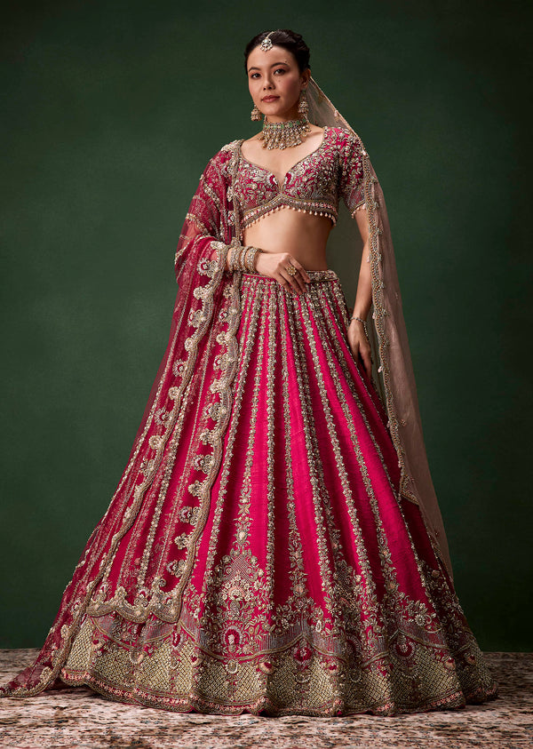 Pink Bridal Raw Silk Zardozi Lehenga Set with Two Dupattas