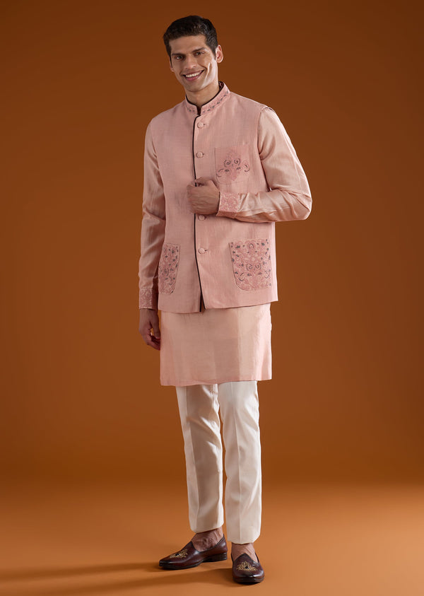 Pink Chanderi Jacket Kurta Set with Dori Work