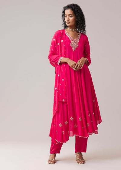 Pink Chinon Embroidered Anarkali Set