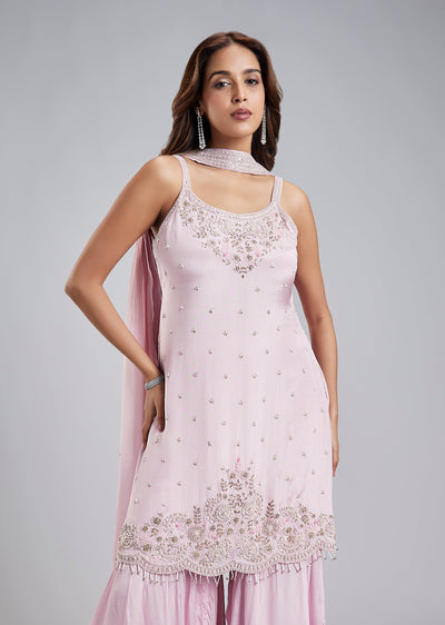 Pink Chinon Sharara Set With Cutdana Pearl Embroidery Beaded Scalloped Hem And Dupatta