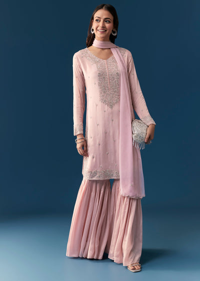 Pink Chinon Sharara Set With Embroidery Work
