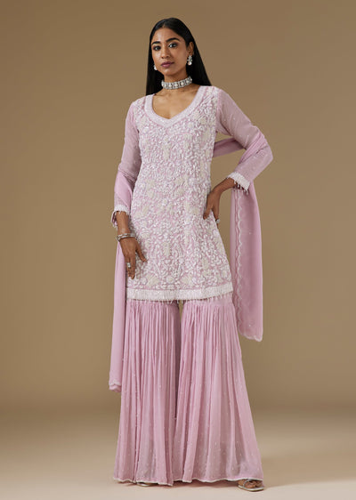 Pink Chinon Sharara Suit With V Neck Sequin And Cut Dana Kurta