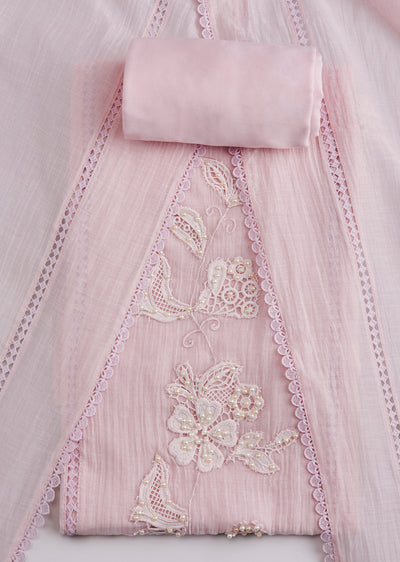 Pink Cotton Lace Work Unstitched Suit Set With Dupatta
