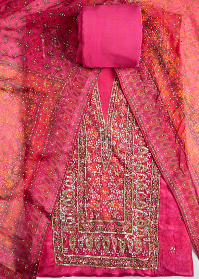 Pink Crepe Printed Sequin Embroidered Dress Material Set
