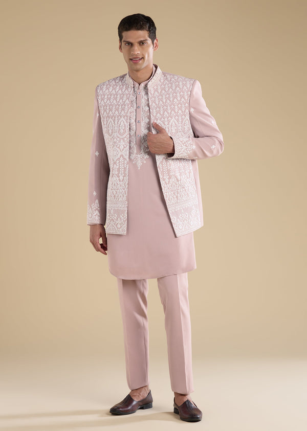 Pink Embellished Jodhpuri Set With Kurta And Pants