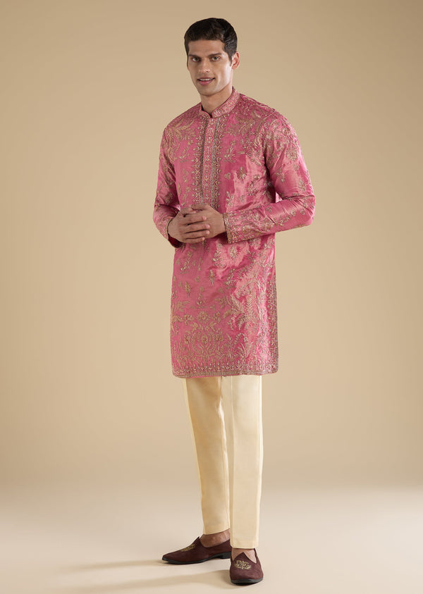 Pink Embellished Tissue Kurta Set With Pants