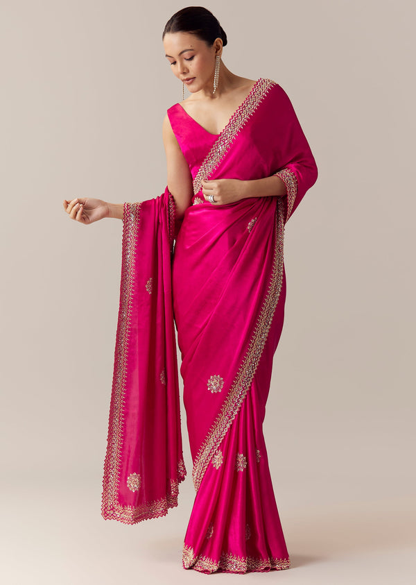 Pink Embroidered Chinon Saree with Unstitched Blouse