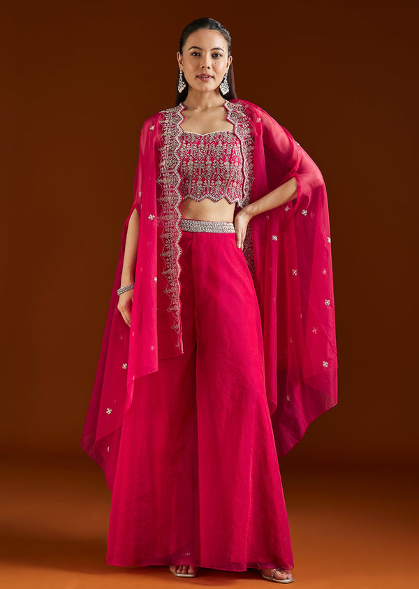 Pink Embroidered Organza Cape Palazzo Set